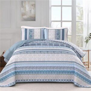 BEDDING Boho Quilt Set Queen Size,Blue Bohemian 3 Pieces Quilt Sets
